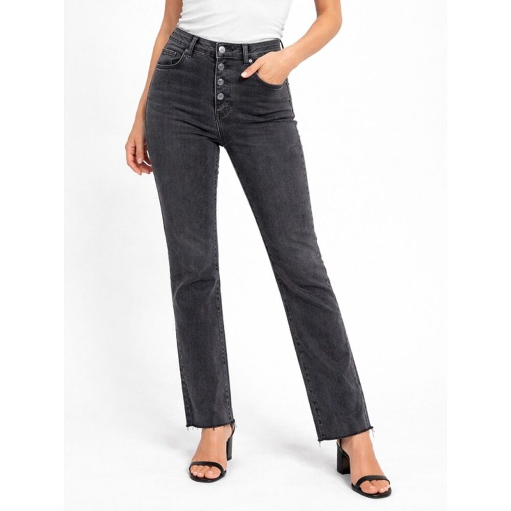 Anine Bing Button Fly Raw Hem Mid Rise Slim Jeans Charcoal Black Size 26 | 2